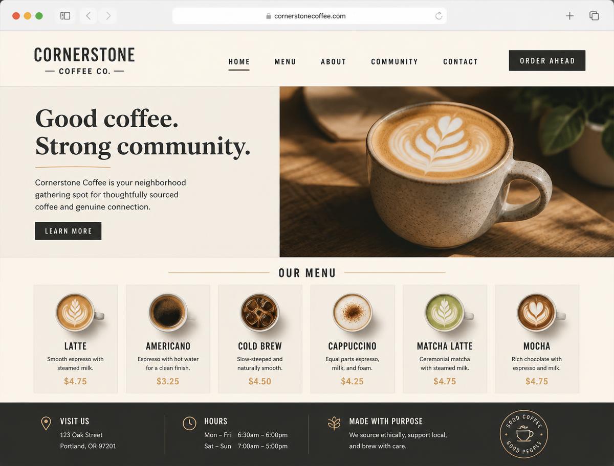 Sample coffee shop website designed by Business Elevation